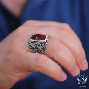 925 Sterling Silver Romantic Men's <b>Ring</b> with Red Pressed <b>Amber</b> Stone Bezel Setting Inlay and Engraving Fashionable Gift Idea - Product Image 4