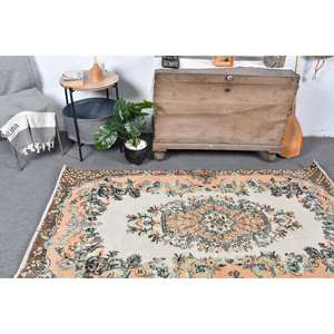Tapis turc classique Vintage Beige Orange Patchwork Design 3.7x6.8ft grande surface en laine avec support en Latex pour chambre à coucher - Product Image 1