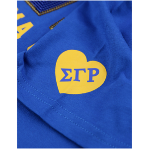 100 algodón Sigma Gamma Rho Sorority Royal Blue Sequin Patch Tee oro bordado letras griegas Greek Life Apparel SGRho camiseta - Product Image 5
