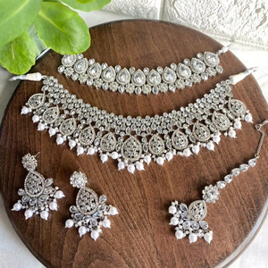 Premium Classique En Acier Inoxydable Argent Plaqué Kundan Mode Ensemble Collier De Mariée Boucles D'oreilles Tikka Long Mala pour Anniversaire - Product Image 1