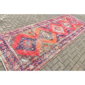 4.6x12.9 ft Vintage Turkish Rug, <b>Runner</b> Rug, <b>Red</b> Striped Rug - Product Image 2