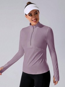 Lavande femmes demi fermeture éclair haut d'entraînement à manches longues Yoga pull séchage rapide Stretch vêtements de sport course entraînement Fitness vêtements - Product Image 6