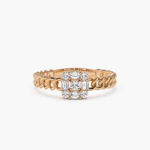 Anillo de diamante Natural de oro champán, enlace curvo, ajuste de ilusión, joyería fina, Baguette y anillo de diamante redondo, joyería de oro sólido de 14K - Product Image 5