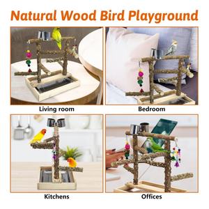 Parc de jeux en bois pour l'entraînement et le jeu des oiseaux, avec perchoir pour perroquet, structure d'escalade, plateau amovible et mangeoires en acier inoxydable - Product Image 5