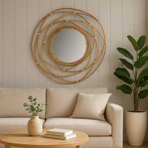 Distintivo estilo retro de bambú ratán enmarcado espejo de pared espacios característicos característica decorativa - Product Image 1