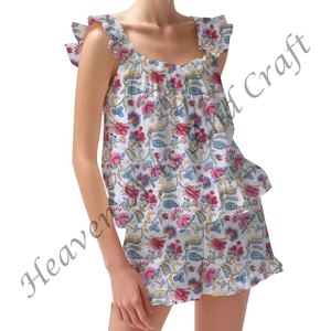 Nuevo Conjunto de pijama corto con estampado de bloques de algodón 100%, conjunto de pijama suave con flores indias para Primavera/Verano, conjunto de PJ ajustado con tiras y volantes - Product Image 1