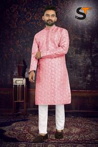 Pure Silk Solid Pattern Trendy Comfortable Stylish Full Stitched Readymade <b>Men</b> Kurta With Cotton Pyjama - Product Image 5