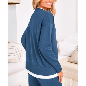 ชุดเสื้อผ้า2ชิ้นแนวอินเทรนด์สำหรับผู้หญิงชุดวอร์มแขนยาวแบบถักกางเกงขากว้างปักลายแบบลำลอง - Product Image 6