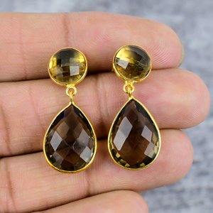 925เงินสเตอร์ลิงทำด้วยมือควอตซ์อัญมณีหยดลงต่างหูชุบทองรูปทรงลูกแพร์ดีไซน์แบบโบฮีเมียน - Product Image 2