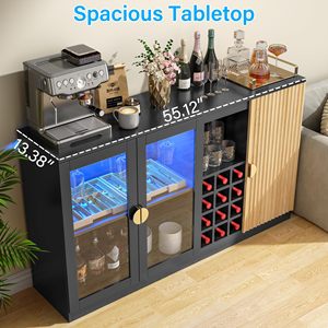 Buffet moderne noir en gros avec éclairage LED, portes en bois cannelé, casier à vin, et station de bar à café - Product Image 3