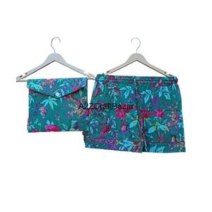 Ensemble de pyjama court pour femmes à motif floral imprimé à la main 100% coton pur Doux Fermeture à cordon de serrage Vêtement de nuit d'été - Product Image 3