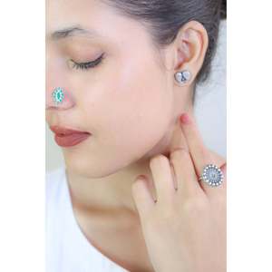 Nosepin เงิน925กับมรกตตัดข้อความ nazakat ตั้งค่าลวดต่างหูสตั๊ดลายดอกไม้สลักกุหลาบทอง - Product Image 3