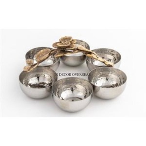 6-Compartment Aluminum Casted <b>Silver</b> Shiny Polished Hammered Texture Serving And Decor <b>Bowl</b> With Gold Plated Flowers Designer - Product Image 1