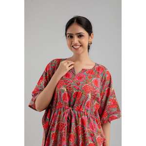 <b>Pink</b> Floral Print Pure Cotton Kaftan Maxi Ethnic Dress-SHKUP1249-Free Size Above Knee Length - Product Image 3