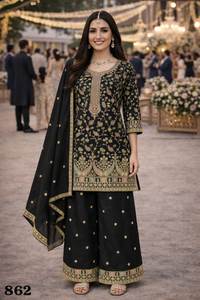 Ensemble Salwar Kameez pakistanais de haute qualité en tissu de soie Chinon Airtex, coupe droite, bordure élégante, avec dupatta assortie, en promotion - Product Image 5