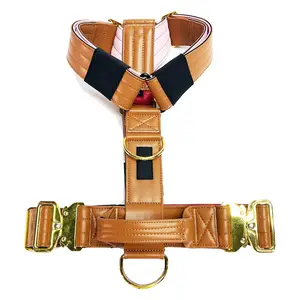 Custom Tactical Dog Leather Harness With Luxury Gold Metal Buckle For Training Dogs