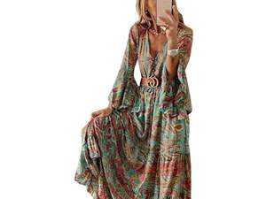 Robe d'été en soie sans manches A-Line col en V motif imprimé vintage lavable durable tissé longueur au sol taille haute naturelle - Product Image 3