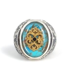 Men's 925 Sterling <b>Silver</b> Turquoise Stone Engraved <b>Pen</b>-Shaped Ring-Inlay Technology Bezal Setting Everyday Wear - Product Image 4