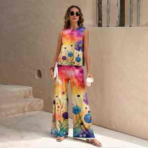 2025 Summer Women's Casual Street Wear High Quality Floral Printed <b>Sleeveless</b> <b>T</b>-<b>Shirt</b> Long Pants Set Office Lady Plain Dyed - Product Image 3