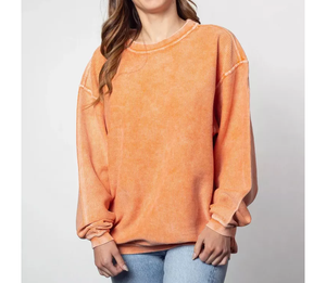 Sudadera de cuello redondo vintage de algodón 100% acanalado de 340 g de ajuste regular para invierno con estampado por descarga para mujer al por mayor - Product Image 1