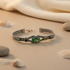 Women's Rhodium & Gold Plated 925 Silver <b>Bracelet</b> with Green Stone Featuring <b>Diamond</b> Pearl Quartz Religious Style Gold <b>Bangles</b> - Product Image 3