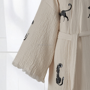 Bata de baño unisex de algodón de lujo con estampado de bloques, ligera, de lino tejido, transpirable, para primavera, verano y todo el año, ropa de dormir y de descanso. - Product Image 2