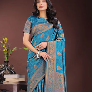 Dhwaja Export Banarasi Silk Saree Floral Print Jari Work Eco-Friendly Stretchable All Seasons for Wedding Ethnic <b>Bandana</b> - Product Image 1