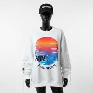 Sudadera para Mujer con Efecto Desgastado por el Sol, Felpa GSM, Blanca, Estampado Multicolor Atardecer, Paneles de Manga con Parches, Logotipo Personalizado, Transpirable - Product Image 6