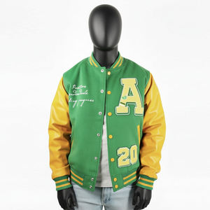 Veste universitaire verte et jaune pour homme, streetwear, veste de baseball vintage, blouson bomber, corps en laine, cuir véritable - Product Image 1
