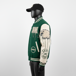 Veste universitaire en laine de haute qualité Corps vert Manches à panneaux crème Broderie en chenille Logo personnalisé Veste universitaire pour hommes - Product Image 2