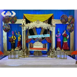 Punjabi Thema Geïnspireerd Mehndi Podium Decoratie Traditionele Punjabi Bruiloft Mehndi Event Punjabi Haveli Stijl Mehndi Podium