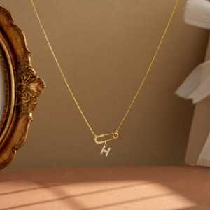 925 Sterling Silver 14K Gold Vermeil Custom Initial Necklace Diamond Pave Safety Pin Pendant Letter Christian Wedding Jewelry - Product Image 4