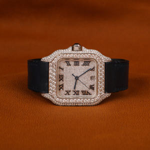 Montre en diamant de luxe avec ceinture en cuir bleu Moissanite ronde coupe demi glacé classique Date romaine Caractéristiques cadran carré de 41mm - Product Image 1