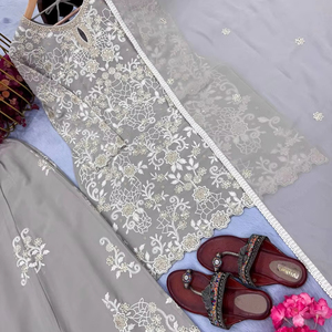 Diseñador Pur Heavy Faux Georgette Top & Plazzo Dupatta Set Party Wear Look Hecho de seda - Product Image 1