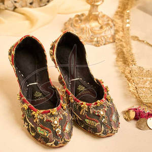 Golden Multicolored Embroidery Women <b>Khussa</b> Classic Beading Striking Floral Designs Anti-Slippery Genuine Leather Outsole Velvet - Product Image 5
