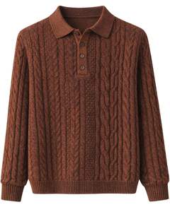 Custom Mens Rusted Brown Wool <b>Cable</b> <b>Knit</b> Polo <b>Sweater</b> Long Sleeve Button Neck Winter Warm Classic Pullover For Men Casual Wear - Product Image 1