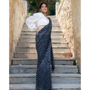 Sari indien noir Leheriya léger et tendance pour femme, idéal pour les fêtes printemps-été - Product Image 2