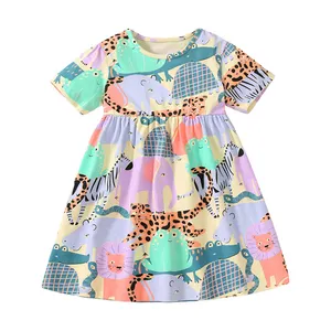 2024 Latest High Quality 100% Cotton Fantasy Africa Zoo Cartoon Energy Kids Dress Summer Short Sleeve Printed Skirt