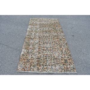 Tapis Vintage en Laine Marron Beige 3.8 X 7.3ft Fait à la Main Classique Style Turc Patchwork Rectangle avec Support en Latex pour Chevet - Product Image 1