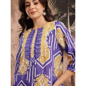 Conjunto de Kurta y Palazzo de Crepé Estampado Azul para Mujer, para Primavera/Verano, con Mangas Tres Cuartos - Product Image 5