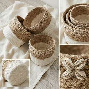 Natural Seagrass Recycled Plastic <b>Basket</b> Set White Base Flower Shell Rim Cylinder Pot Planter Pure Art Setup Room Decor Craft - Product Image 3