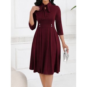 Women's Tuvakar Sleeveless, Neckline-<b>Tie</b> Buttoned Midi Imported Crepe Dress, 37616 - <b>Burgundy</b> - Product Image 1