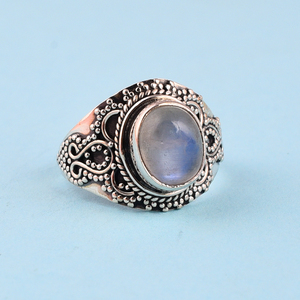Anillo de piedras preciosas de piedra lunar arcoíris de Plata de Ley 925 Unisex estilo Vintage amatista de corte ovalado plateado para boda o fiesta - Product Image 1