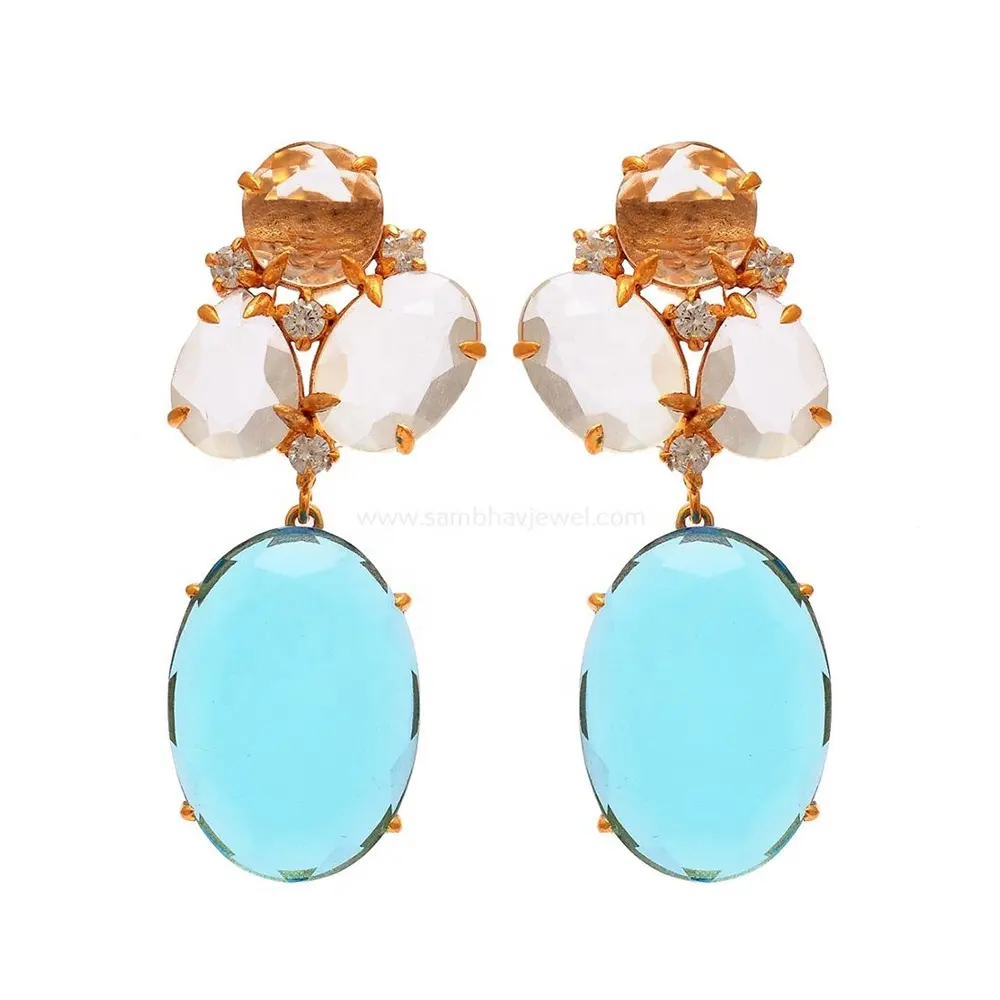 Blue Chalcedony Gemstone Earrings Multi Color Bezel Handmade Gold Plated Stud Earrings 925 Silver Blue Chalcedony Dangle Earring