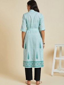 การสนทนาการพิมพ์เสื้อคอปกผ้าฝ้าย A-Line Kurta สําหรับผู้หญิงแฟชั่นอินเดียผ้าฝ้ายทําด้วยมือ Kurta ชุดยาวสุภาพสตรี - Product Image 2