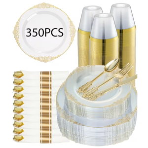 Juego de 50 Platos Desechables de Plástico Blanco con Borde Dorado para Bodas, Cumpleaños, Postres, Ensaladas, Platos de Cena de Plástico Duro - Product Image 5