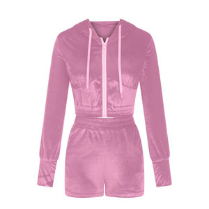 Conjunto de dos piezas de otoño e invierno con logotipo personalizado para mujer, chándales de terciopelo de longitud corta con patrón sólido, conjunto de Sudadera con capucha de dos piezas - Product Image 2