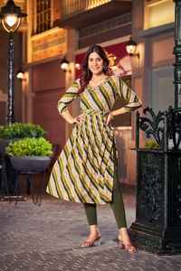 Latest Heavy Rayon FOIL Prints Naira <b>Suit</b> Belt and Neck Embroidered Work Kurtis Collection - Product Image 3