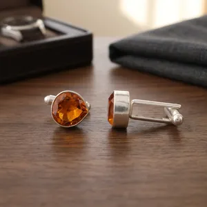 Mancuernillas de Citrino Natural Hechas a Mano por Diseñadores, Juego de Plata de Ley 925, Regalo de Lujo Unisex, Elegante para Vestimenta Formal - Product Image 4