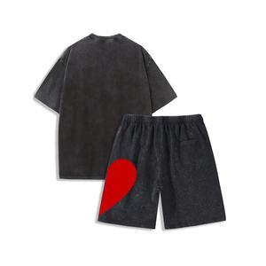 Matériaux de qualité supérieure Mans ensemble court manches t-shirts lavage à l'acide t-shirt surdimensionné Vintage 2 pièces ensemble hommes t-shirt hommes ensemble - Product Image 2